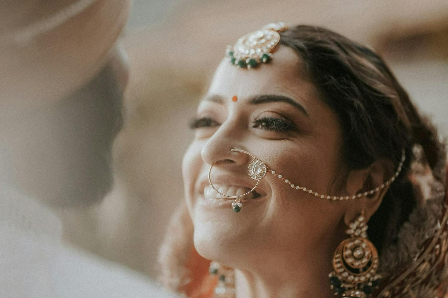 Wedding couple sharing a romantic moment together.